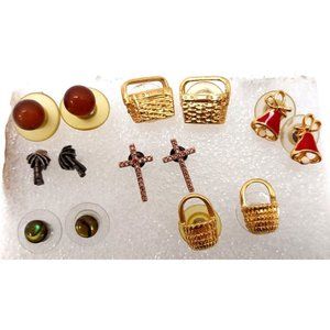 Earrings Pierced  Lot of 7 p0airs Baskets Cross Bells Palm Tree Ball Unbranded